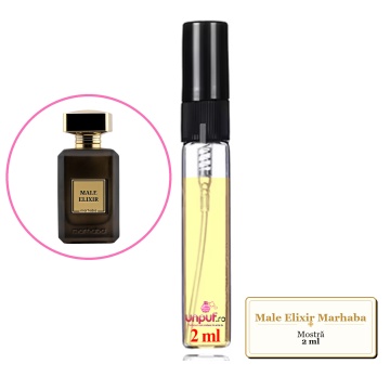 Mostra fiola din Male Elixir Marhaba, decant sticla cu pulverizator