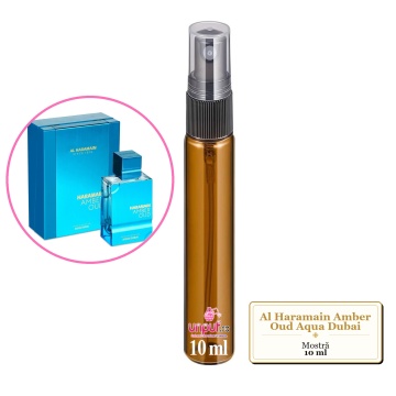 Mostra fiola din Parfumul Al Haramain Amber Oud Aqua Dubai, decant sticla cu pulverizator