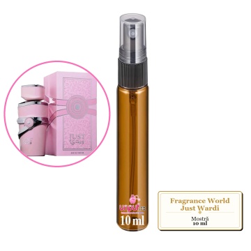 Mostra fiola din Parfumul Fragrance World Just Wardi, decant sticla cu pulverizator