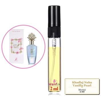 Mostra fiola din Parfumul Khadlaj Nuha Vanilla Pearl, decant sticla cu pulverizator