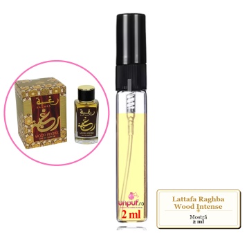 Mostra fiola din Parfumul Lattafa Raghba Wood Intense, decant sticla cu pulverizator - Img 1