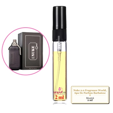 Mostra fiola din Parfumul Nuke 2.0 Fragrance World, Apa De Parfum Barbatesc, decant sticla cu pulverizator