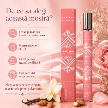 Mostră fiolă parfum Badee Al Oud Rose Milk 35 ml, Eau de Parfum pentru femei, aromă dulce pudrată vanilată, pulverizator compact - Img 3