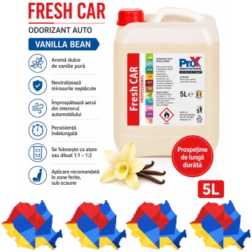 Odorizant auto PRO X Fresh CAR Vanilla Bean, aromă dulce de vanilie, parfum catifelat și persistent pentru interior auto, 5 L, 4x Stickere