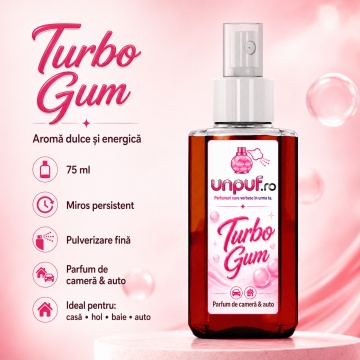 Odorizant auto si casa Unpuf Turbo Gum, cu pulverizator, aroma energizanta de guma Turbo, improspatare aer si parfum de durata, 75 ml