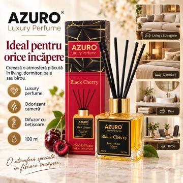 Odorizant Cameră Azuro Black Cherry Luxury Perfume, Difuzor cu Bețișoare, Aromă Lemnoasă, Parfum Cireașă Neagră, 100 ml - Img 3