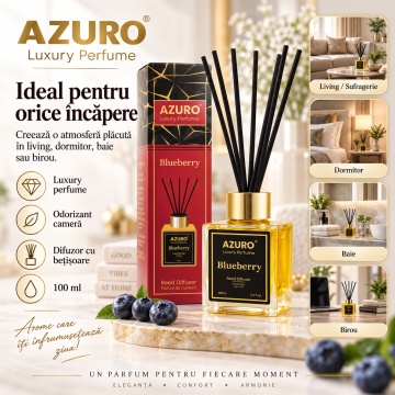 Odorizant Cameră Azuro Blueberry Luxury Perfume, Difuzor cu Bețișoare, Parfum Fructat de Afine, 100 ml - Img 3