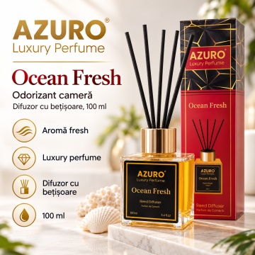 Odorizant Cameră Azuro Ocean Fresh Luxury Perfume, Difuzor cu Bețișoare, Aromă Lemnoasă, Parfum Ambiental Fresh, 100 ml
