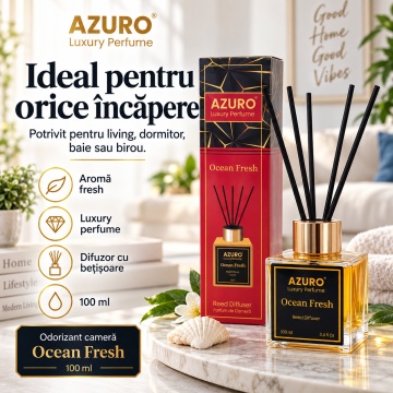 Odorizant Cameră Azuro Ocean Fresh Luxury Perfume, Difuzor cu Bețișoare, Aromă Lemnoasă, Parfum Ambiental Fresh, 100 ml - Img 3