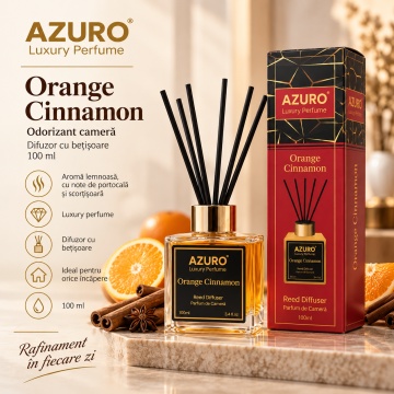 Odorizant Cameră Azuro Orange Cinnamon Luxury Perfume, Difuzor cu Bețișoare, Parfum Portocală și Scorțișoară, 100 ml