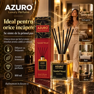 Odorizant Cameră Azuro Sandal Wood Luxury Perfume, Difuzor cu Bețișoare, Aromă Lemnoasă, Parfum Ambiental, 100 ml - Img 3