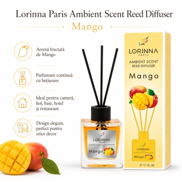 Odorizant de camera cu betisoare Lorinna Paris Ambient Scent Reed Diffuser, Mango, aroma fructata si tropicala, pentru living, dormitor, baie si hol, 50 ml