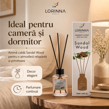 Odorizant de camera cu betisoare Lorinna Paris Ambient Scent Reed Diffuser, Sandal Wood, aroma calda si lemnoasa, pentru living, dormitor, hotel si birou, 120 ml - Img 4