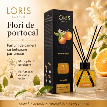 Odorizant de Cameră cu Bețișoare Parfumate Loris Parfum Flori de Portocal, 120 ml, Esență Floral Citrică, Miros Plăcut și Persistent