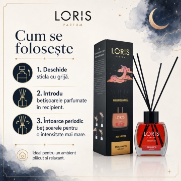 Odorizant de Cameră cu Bețișoare Parfumate Loris Parfum Miezul Nopții, 120 ml, Esență Elegantă Midnight, Miros Plăcut și Persistent - Img 4