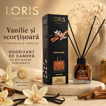 Odorizant de Cameră cu Bețișoare Parfumate Loris Parfum Vanilie și Scorțișoară, 120 ml, Esență Caldă și Condimentată, Miros Plăcut și Persistent