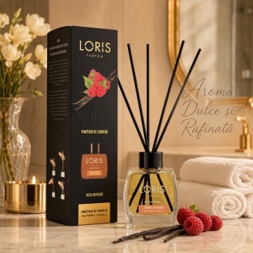 Odorizant de Cameră cu Bețișoare Parfumate Loris Zmeură și Vanilie, 120 ml, Esență Raspberry & Vanilla, Miros Dulce și Persistent - Img 2
