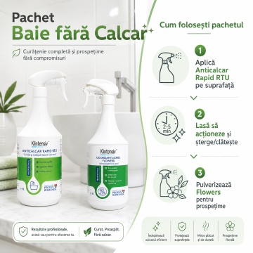Pachet baie fara calcar Klintensiv Professional, Anticalcar Rapid RTU si odorizant profesional Flowers, curatare baie si parfum floral, 2 produse, 2x 1L, 4x Stickere - Img 5