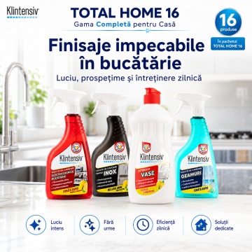 Pachet complet curatenie si detergenti rufe TOTAL HOME 16 Klintensiv KLINO KlinSmart, pentru bucatarie, baie, WC, geamuri, pardoseli, parchet si electrocasnice, 16 produse, 12,25 L, 4x Stickere - Img 4