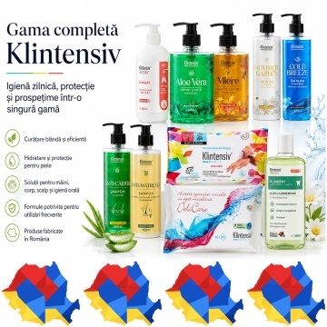 Pachet complet igiena Klintensiv, KlinSafe, sapun Aloe Vera si Miere, geluri Summer Garden si Cold Breeze, sampoane Anti-Cadere si Anti-Matreata, KLINDENT, servetele dezinfectante si hartie umeda, 10 produse, 4x Stickere