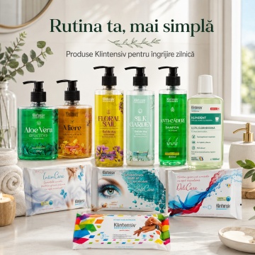 Pachet complet ingrijire Klintensiv, sapun Aloe Vera si Miere 500 ml, geluri Floral Sail si Silk Garden 400 ml, sampon Anti-Cadere 400 ml, KLINDENT 500 ml, servetele IntimCare, demachiante, hartie umeda si dezinfectante, 10 produse, 4x Stickere - Img 5