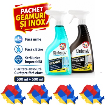Pachet curatare geamuri si inox Klintensiv, solutie geamuri si oglinzi, solutie inox fara clatire, efect antistatic, 2x 500 ml,4x Stickere