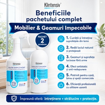 Pachet curatare mobilier si geamuri Klintensiv Professional, solutie pentru lemn si mobila, Klinglass Concentrat pentru sticla, 2 produse, 2x 1 L. 4x Stickere - Img 5