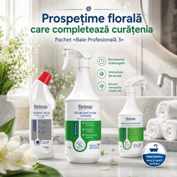 Pachet curatenie baie Klintensiv Professional Baie Profesionala 3, Anticalcar Rapid RTU, Igienic Plus cu clor si odorizant Flowers, 3 produse, 2.75 L, 4x Stickere - Img 5