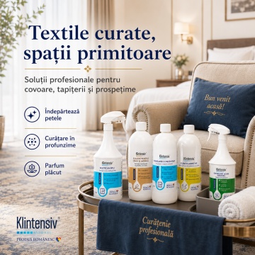 Pachet curatenie hotel pensiune si apartament Klintensiv Professional, MultiClin RTU, solutie mobila, Klinglass geamuri, KLINOCARPET HF si odorizant Flowers, 5 produse, 5 L, 4x Stickere - Img 5