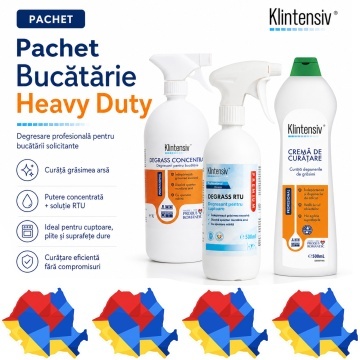 Pachet degresare bucatarie Heavy Duty Klintensiv Professional, DEGRASS concentrat cuptoare, DEGRASS Pro si crema profesionala de curatare, 2 L, 4x Stickere