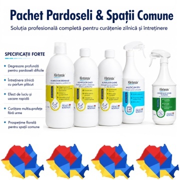 Pachet detergenti pardoseli si spatii comune Klintensiv Professional, KLINFLOOR DEGREASE, DAILY, SHINE, MultiClin RTU si odorizant Flowers, 5 produse, 5 L, 4x Stickere