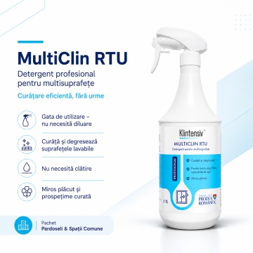 Pachet detergenti pardoseli si spatii comune Klintensiv Professional, KLINFLOOR DEGREASE, DAILY, SHINE, MultiClin RTU si odorizant Flowers, 5 produse, 5 L, 4x Stickere - Img 5