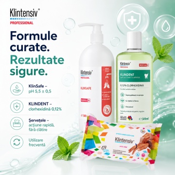 Pachet igiena completa Klintensiv, KlinSafe sapun lichid delicat 500 ml, KLINDENT apa de gura cu Clorhexidina 0.12% 500 ml si servetele dezinfectante maini 70 buc, 3 produse, 4x Stickere - Img 5