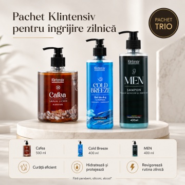 Pachet ingrijire barbati Klintensiv, sapun lichid Cafea 500 ml, gel de dus Cold Breeze 400 ml si sampon cu Zinc PCA si Pantenol 400 ml, 3 produse, 1.3 L, 4x Stickere - Img 5