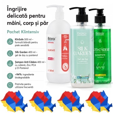 Pachet ingrijire completa Klintensiv, KlinSafe sapun lichid delicat 500 ml, gel de dus Silk Garden 400 ml si sampon Anti-Cadere 400 ml, 3 produse, 1.3 L, 4x Stickere