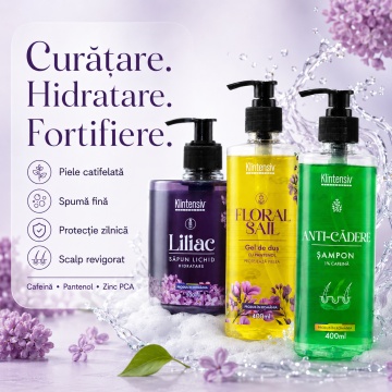 Pachet ingrijire completa Klintensiv, sapun lichid Liliac 500 ml, gel de dus hidratant Floral Sail 400 ml si sampon Anti-Cadere 400 ml, 3 produse, 1.3 L, 4x Stickere - Img 5