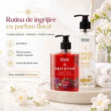 Pachet ingrijire corp Klintensiv, sapun lichid Bujori si Frezii 500 ml si gel de dus hidratant Summer Garden 400 ml, 2 produse, 900 ml, 4x Stickere - Img 5