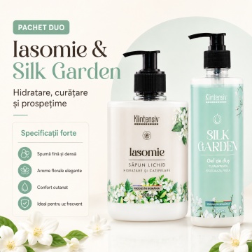 Pachet ingrijire corp Klintensiv, sapun lichid Iasomie 500 ml si gel de dus hidratant Silk Garden 400 ml, 2 produse, 900 ml, 4x Stickere - Img 5