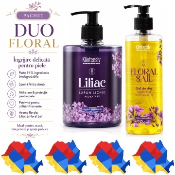 Pachet ingrijire corp Klintensiv, sapun lichid Liliac 500 ml si gel de dus hidratant Floral Sail 400 ml, 2 produse, 900 ml, 4x Stickere