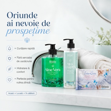 Pachet ingrijire personala Klintensiv, sapun lichid Aloe Vera 500 ml, gel de dus hidratant Silk Garden 400 ml si servetele intime IntimCare 40 buc, 3 produse, 4x Stickere - Img 5
