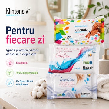 Pachet servetele umede Klintensiv, dezinfectante pentru maini 70 buc, hartie igienica umeda 40 buc si servetele intime IntimCare 40 buc, 3 seturi, 150 servetele, 4x Stickere - Img 5