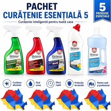 Pachet solutii curatenie esentiala Klintensiv KlinSmart, pentru suprafete, bucatarie, baie, WC si pardoseli, 5 produse, 3,25 L, 4x Stickere