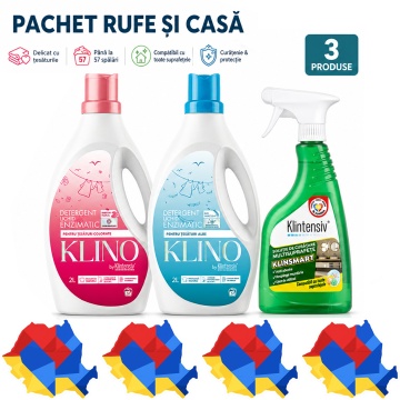 Pachet solutii curatenie rufe si casa KLINO KlinSmart Klintensiv, detergenti lichizi pentru rufe albe si colorate, solutie cu pelicula protectoare, 3 produse, 4,5 L, 4x Stickere