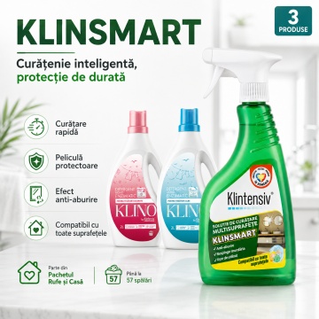 Pachet solutii curatenie rufe si casa KLINO KlinSmart Klintensiv, detergenti lichizi pentru rufe albe si colorate, solutie cu pelicula protectoare, 3 produse, 4,5 L, 4x Stickere - Img 4