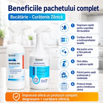 Pachet solutii curatenie zilnica bucatarie Klintensiv Professional, DEGRASS Pro degresant 500 ml si MultiClin RTU detergent multisuprafete 1 L, 2 produse profesionale, 4x Stickere - Img 5