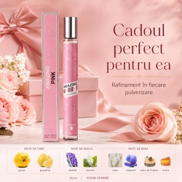 Parfum Amazing Pink 35 ml, Damă, Aromă Floral Fructată Fresh și Feminină, Format Compact, Note de Gutuie, Grapefruit, Zambilă, Iasomie, Mosc, Stânjenel, Cedru de Virginia și Ambră - Img 5