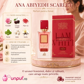 Parfum Arăbesc Ana Abiyedh Scarlet Lattafa 60 ml, Apă de Parfum Unisex, Aromă Aromatic Fructată cu Cireașă Neagră, Piper Roz, Trandafir Alb, Bujor, Tonka, Nucșoară, Caramel, Paciuli, Vanilie și Zahăr - Img 9