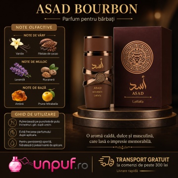 Parfum Arăbesc Asad Bourbon Lattafa 100 ml, Apă de Parfum Bărbat, Aromă Oriental Condimentată cu Lavandă, Piper Roz, Prună, Cacao, Davana, Nucșoară, Bourbon, Ambră, Vanilie și Vetiver - Img 9