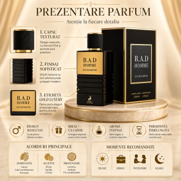 Parfum Arăbesc B.A.D. Homme Maison Alhambra 100 ml, Apă de Parfum Bărbați, Inspirat Bad Boy Carolina Herrera, Aromă Oriental Condimentată Ambrată cu Piper Alb, Bergamotă, Piper Negru, Cedru, Salvie, Boabe de Tonka, Cacao și Lemn de Ambră Amberwood - Img 3