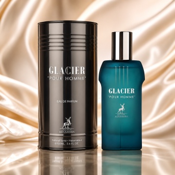 Parfum Arăbesc Bărbat Glacier Pour Homme Maison Alhambra 100 ml, Apă de Parfum, Inspirat de Le Male Jean Paul Gaultier, Aromă Oriental Fougere cu Bergamotă, Cardamom, Lavandă, Mentă, Pelin, Scorțișoară, Floare de Portocal, Vanilie, Tonka, Ambră, Santal și